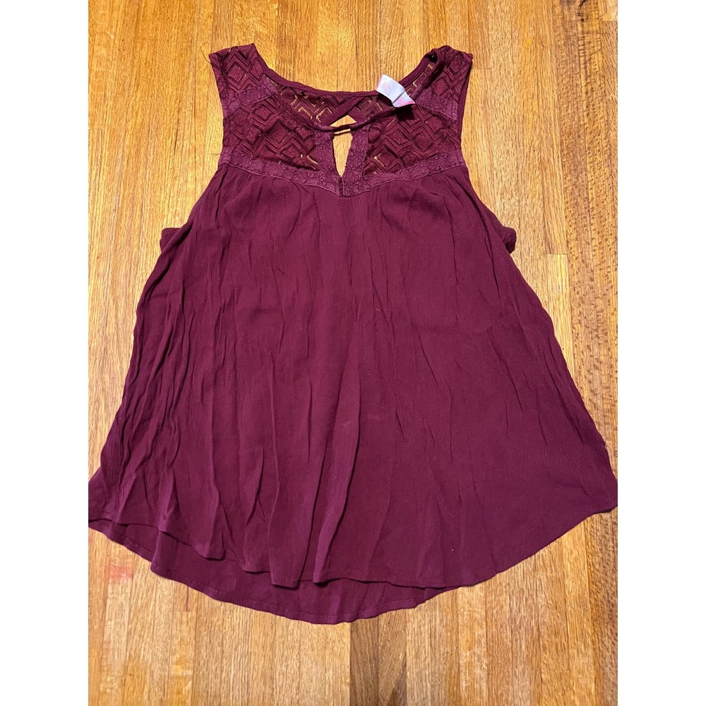 No Boundaries Womens XXL Burgundy Crochet Lace Yoke Keyhole Boho Tank Top